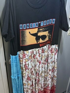 Waylon Hangin' Tough Black Graphic womens upcycled Boho dress XL western